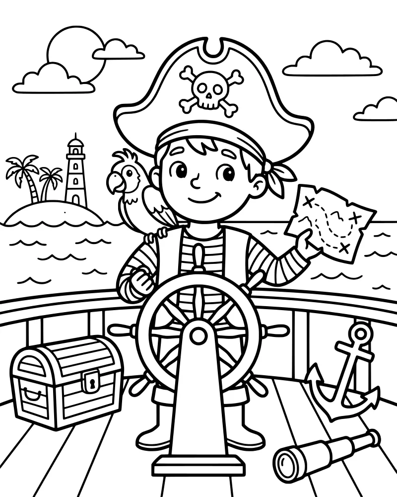A cartoon pirate boy standing at a ship's wheel with a parrot on his shoulder, holding a treasure map near a treasure chest and anchor.