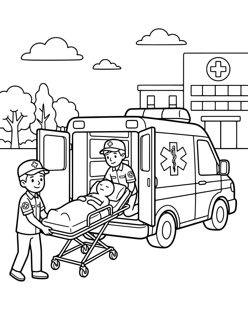 Two paramedics unloading a patient on a wheeled stretcher from the back of a cartoon ambulance in front of a hospital building with trees.