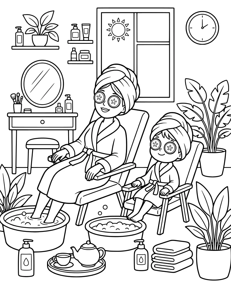 A mother and child relaxing at a spa with cucumber slices on their eyes and feet in bubble baths near a sunny window.