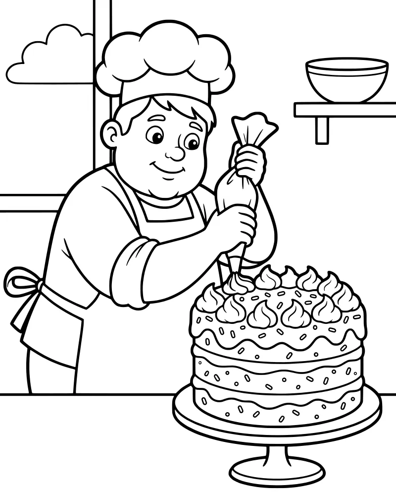 A cartoon chef wearing a tall hat and apron using a piping bag to put icing on a three-layer cake sitting on a stand in a kitchen.
