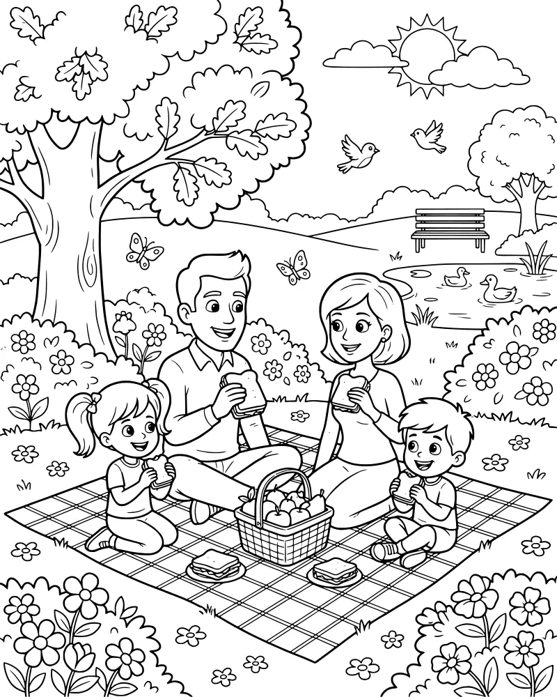 A cartoon family sits on a picnic blanket in a park with a basket of food, a pond with ducks, and a large tree.