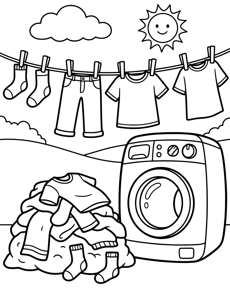 Cartoon washing machine next to a pile of laundry and a clothesline with drying socks and shirts under a bright sun.
