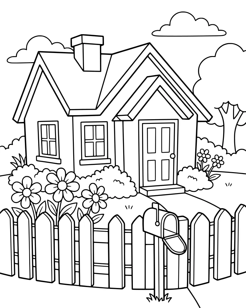 A cartoon house with a chimney, picket fence, mailbox, flowers, and a tree under a cloudy sky.