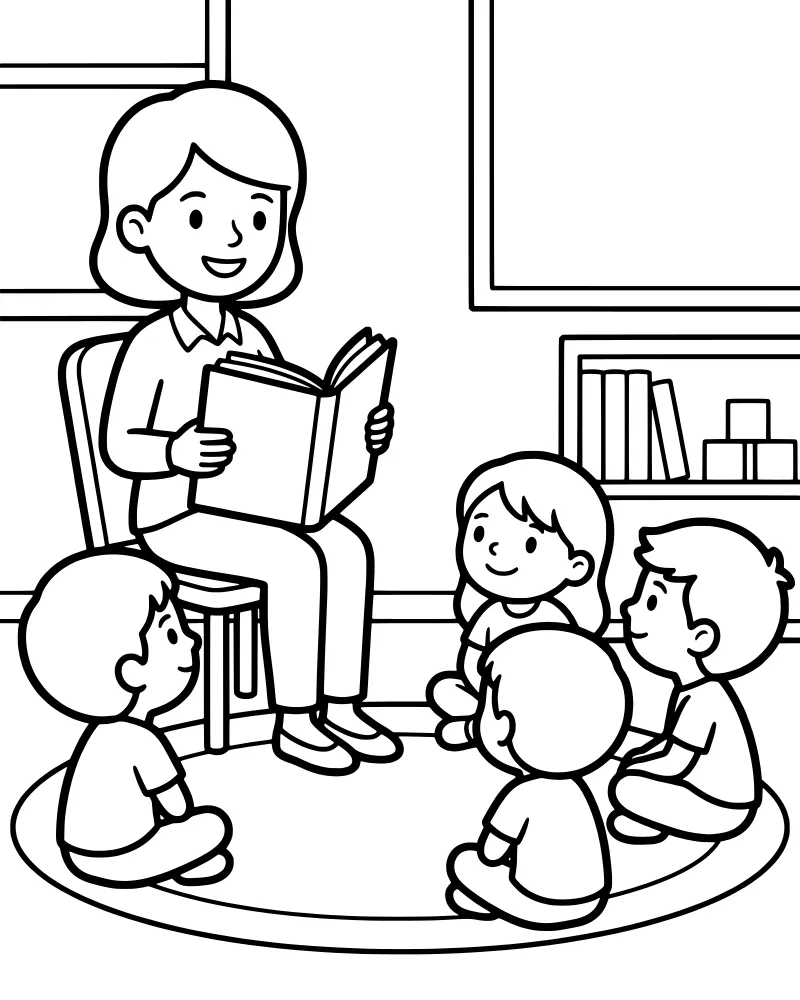 Cartoon teacher reading a book to four children sitting on a rug in a classroom with a bookshelf and blocks.