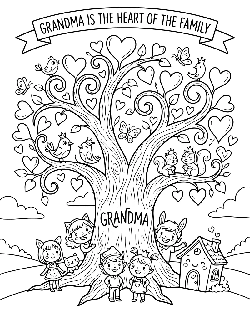 A cartoon family tree with heart-shaped leaves and the word Grandma on the trunk, surrounded by children, squirrels, and birds.