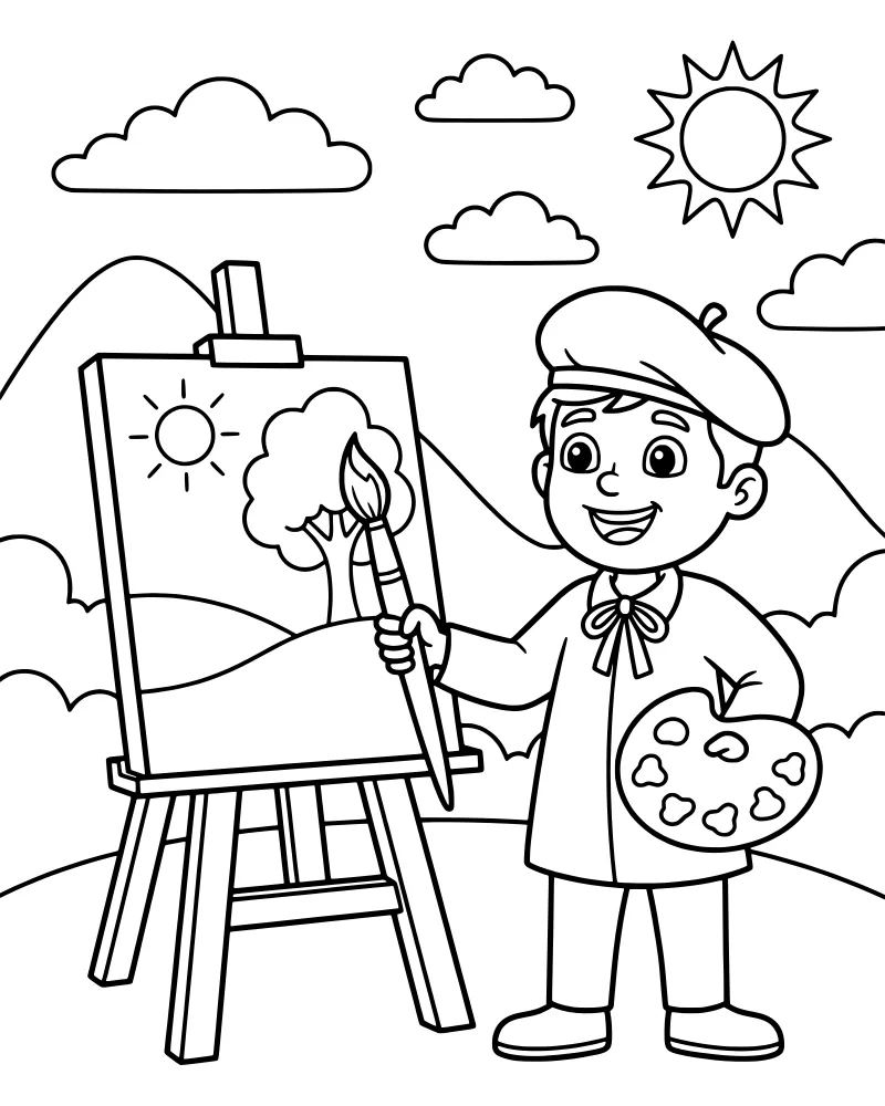 A cartoon boy wearing a beret and smock uses a paintbrush and palette to paint a mountain scene on a canvas outdoors.