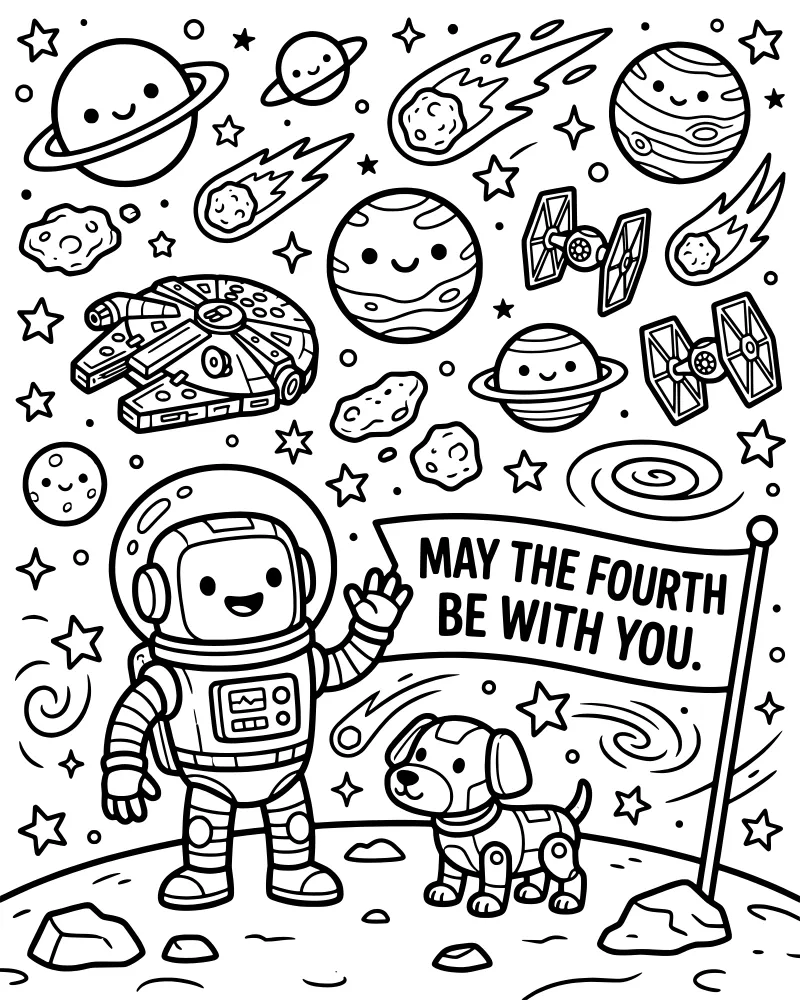 Cartoon astronaut and dog standing on a moon with a flag, surrounded by planets, stars, and sci-fi spaceships.