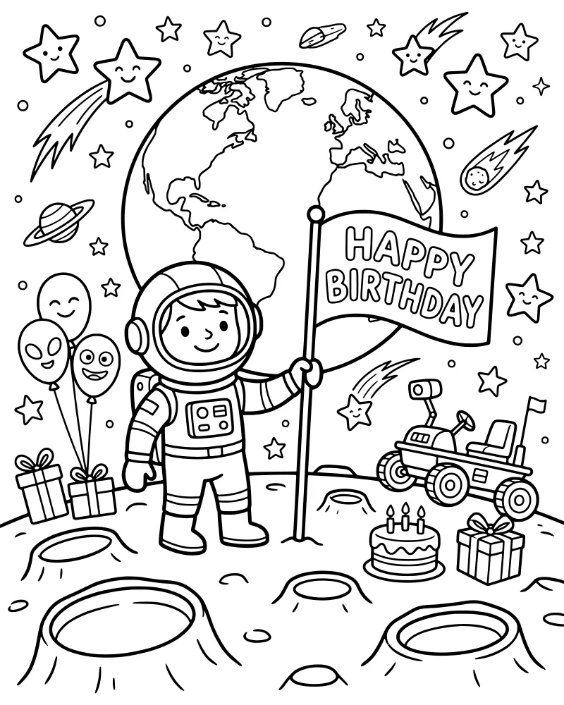A cartoon astronaut on the moon holding a Happy Birthday flag next to a cake, rover, and alien balloons with Earth in the background.