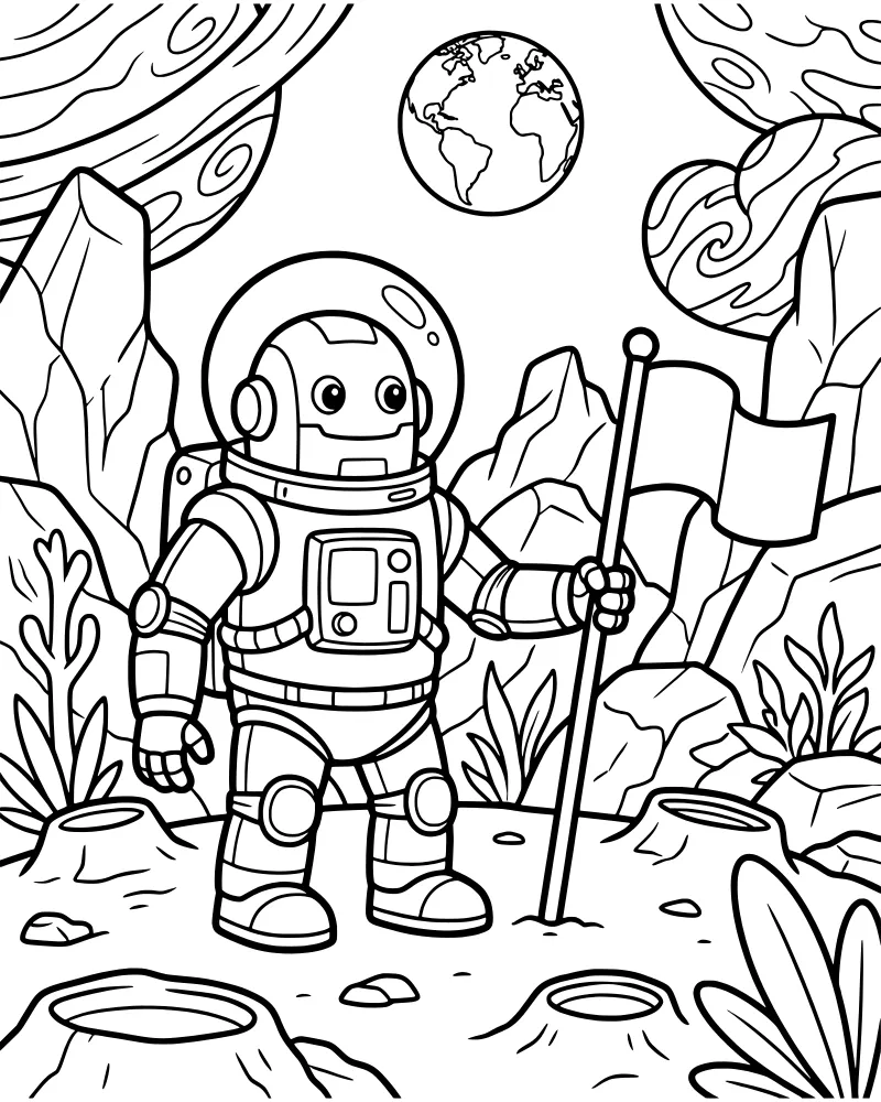 A cartoon astronaut in a full space suit plants a flag on a cratered alien planet with Earth and another planet in the background.