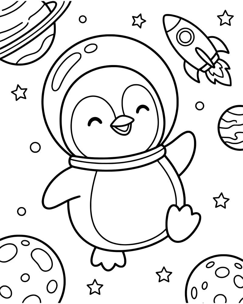 A cartoon penguin wearing a space suit and helmet floats in space next to a rocket, a ringed planet, and a cratered moon surrounded by stars.