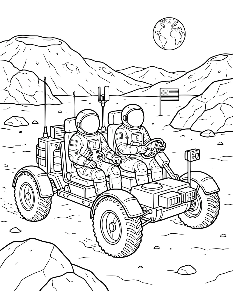 Two cartoon astronauts riding a lunar rover on the cratered moon surface with an American flag and Earth in the background.