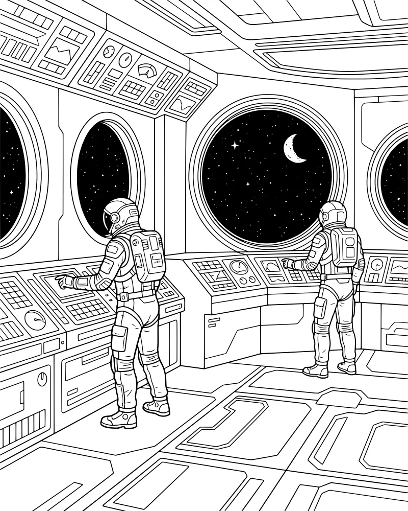Two cartoon astronauts in a spaceship cockpit looking at a crescent moon and stars through circular windows while standing at a control panel.