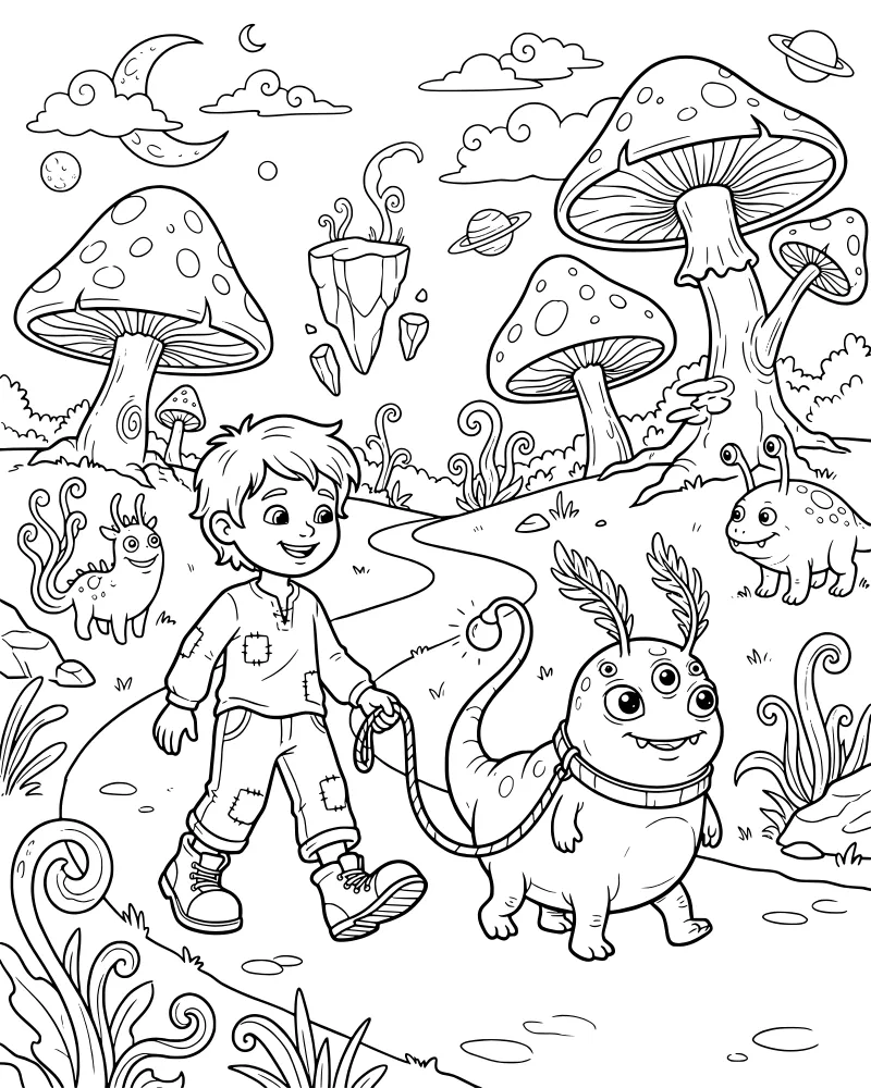 A cartoon boy walking a multi-legged alien pet on a leash through a landscape of giant mushrooms and floating islands under a starry sky with planets.