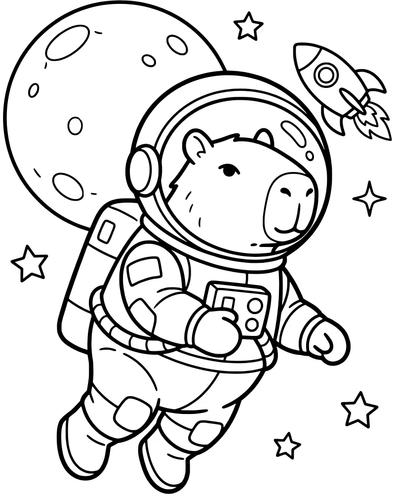 A cartoon capybara in an astronaut suit floats in space next to a rocket ship and a large cratered moon surrounded by stars.