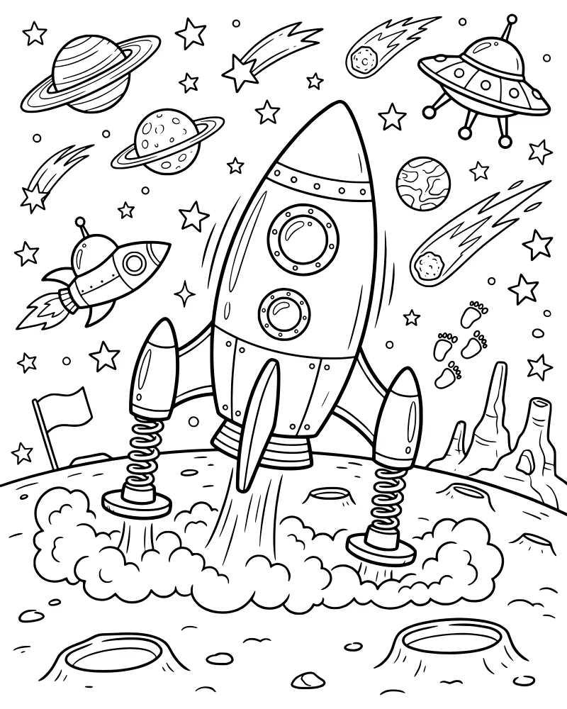 A cartoon space scene with a large rocket on a lunar surface, a UFO in the sky, and various planets and stars.