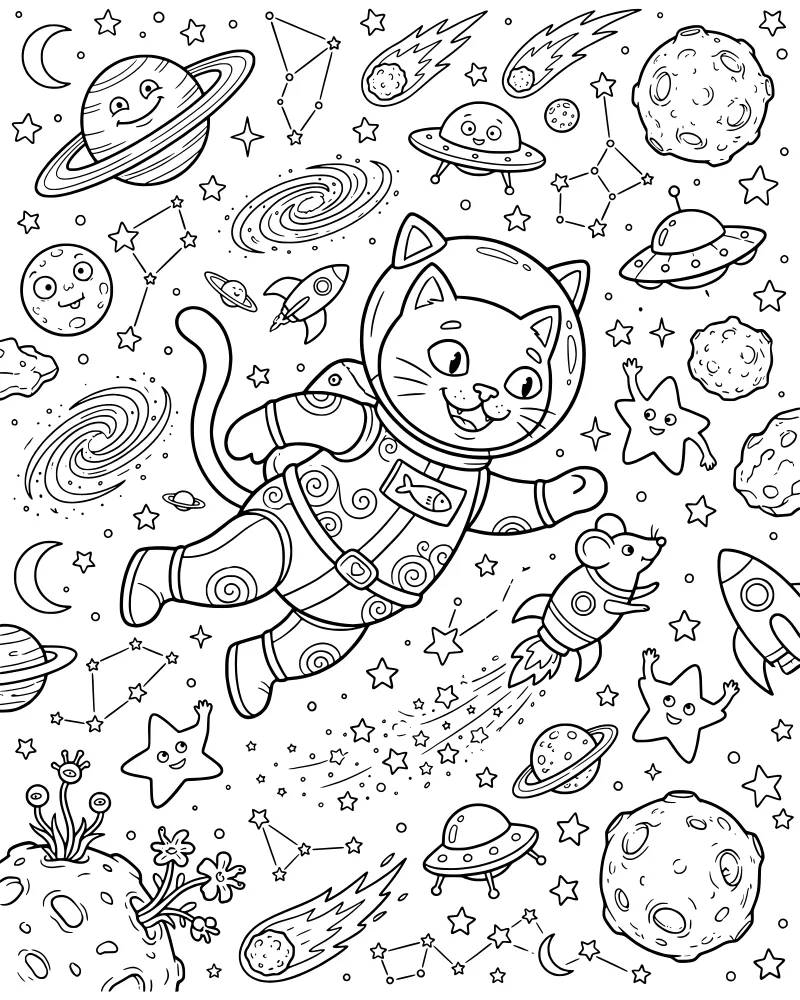 Cartoon cat and mouse in spacesuits floating in space with planets, rockets, and smiling stars.