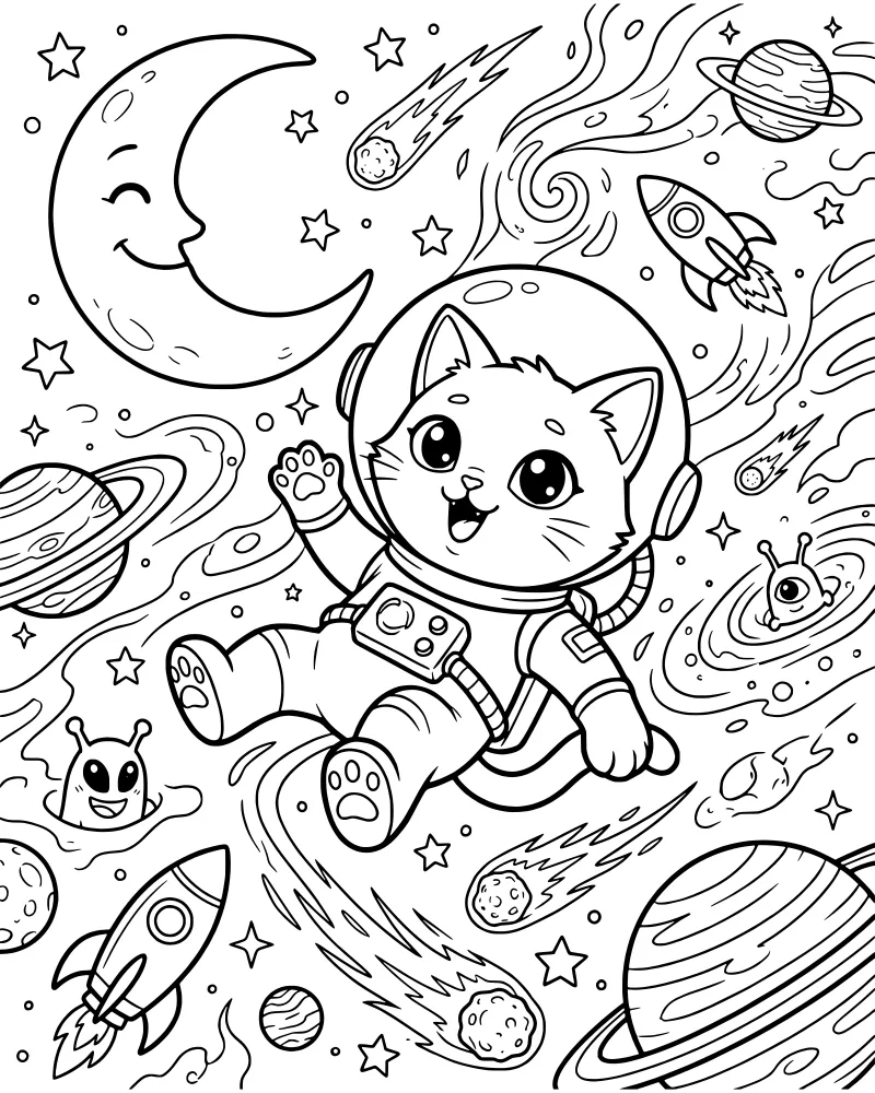 A cartoon cat astronaut in a space suit floating in a galaxy with a smiling moon, Saturn, stars, and small aliens.