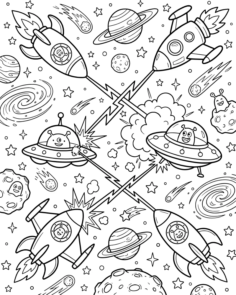 A cartoon space battle with a rocket ship, an alien flying saucer, laser beams, a central explosion, and planets in the background.