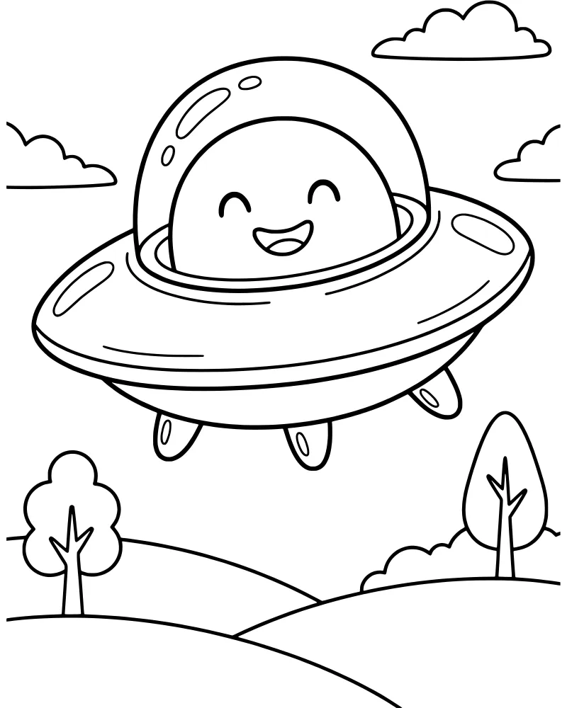 A cartoon alien with a friendly smile sits inside a glass-domed flying saucer hovering over a landscape of rolling hills, trees, and clouds.