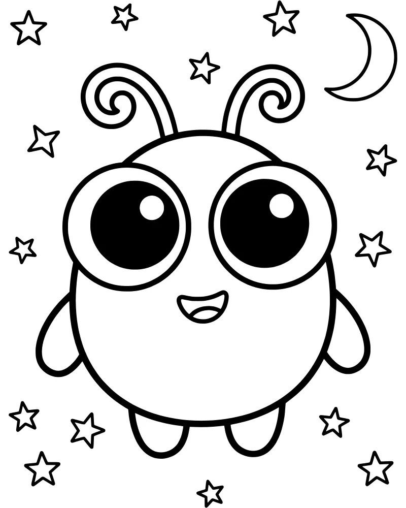 A cartoon alien with large eyes and swirly antennae smiling in front of a crescent moon and stars.