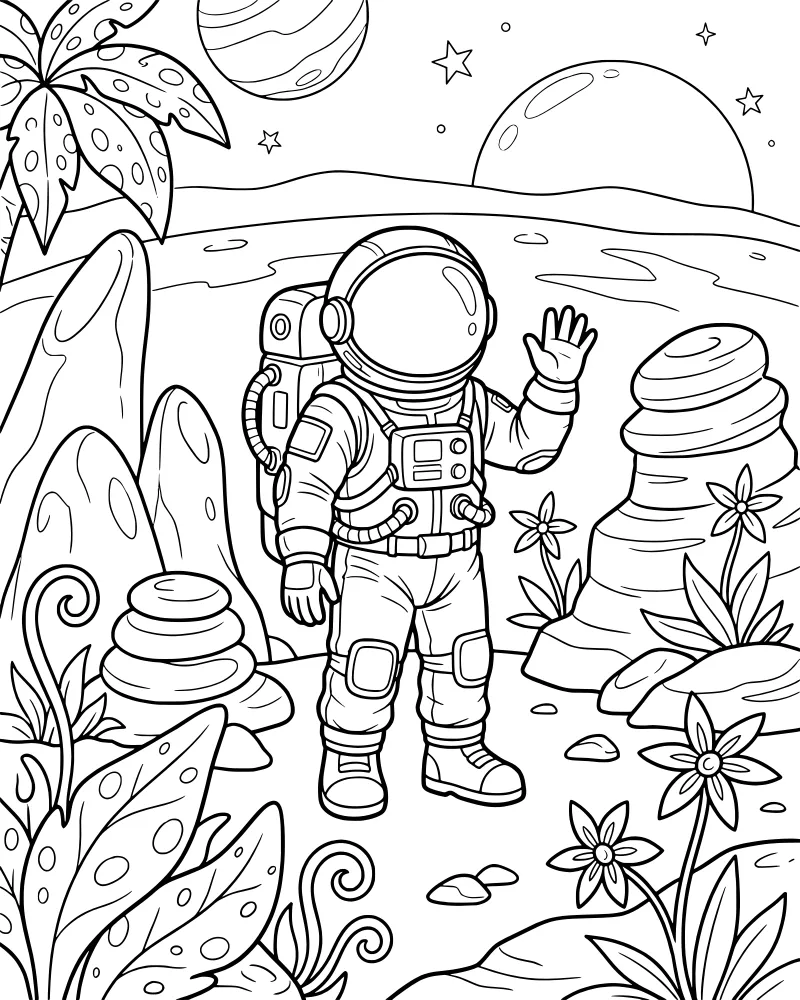 A cartoon astronaut waving on a rocky alien planet with a ringed planet, moon, and stars in the background.
