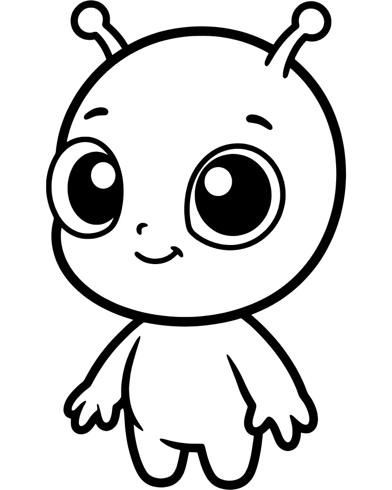 A simple cartoon drawing of a friendly alien with large eyes, antennae, and a smiling face.