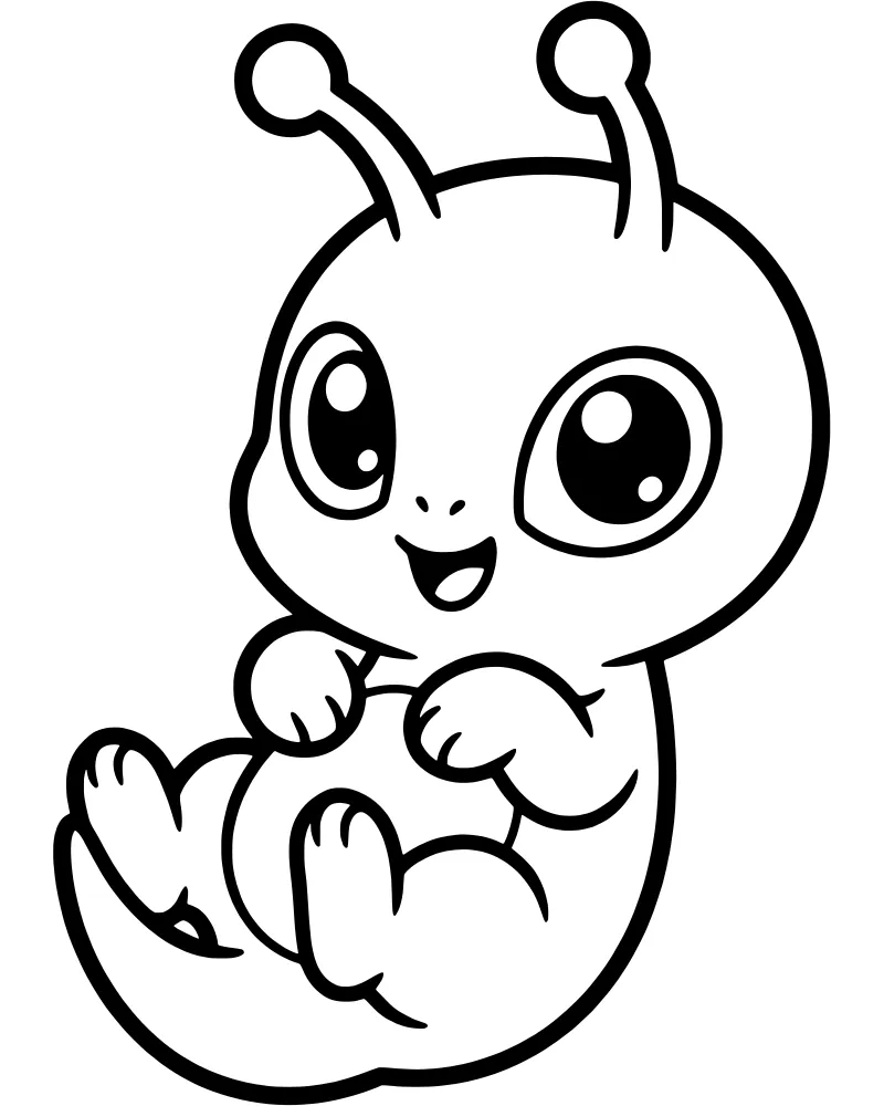A cute cartoon alien with large expressive eyes, small antennae, and a happy smile sitting in a curled-up position.
