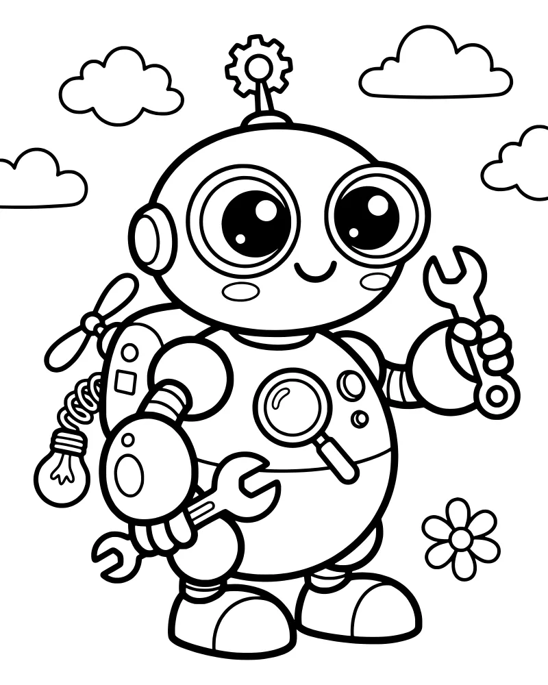 A cartoon robot holding a wrench and a light bulb standing near a flower and clouds.