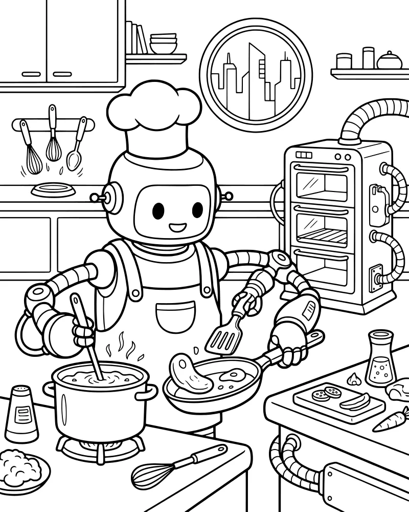A cartoon robot chef wearing a hat and apron cooking on a stove with a city skyline visible through a round window.