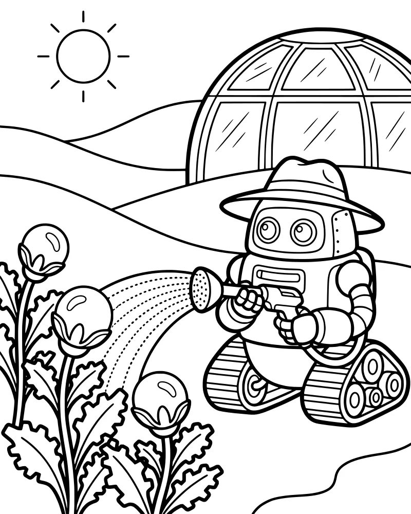 A cartoon robot wearing a sun hat waters a garden of flowers with a watering can in front of a dome building and sunny hills.