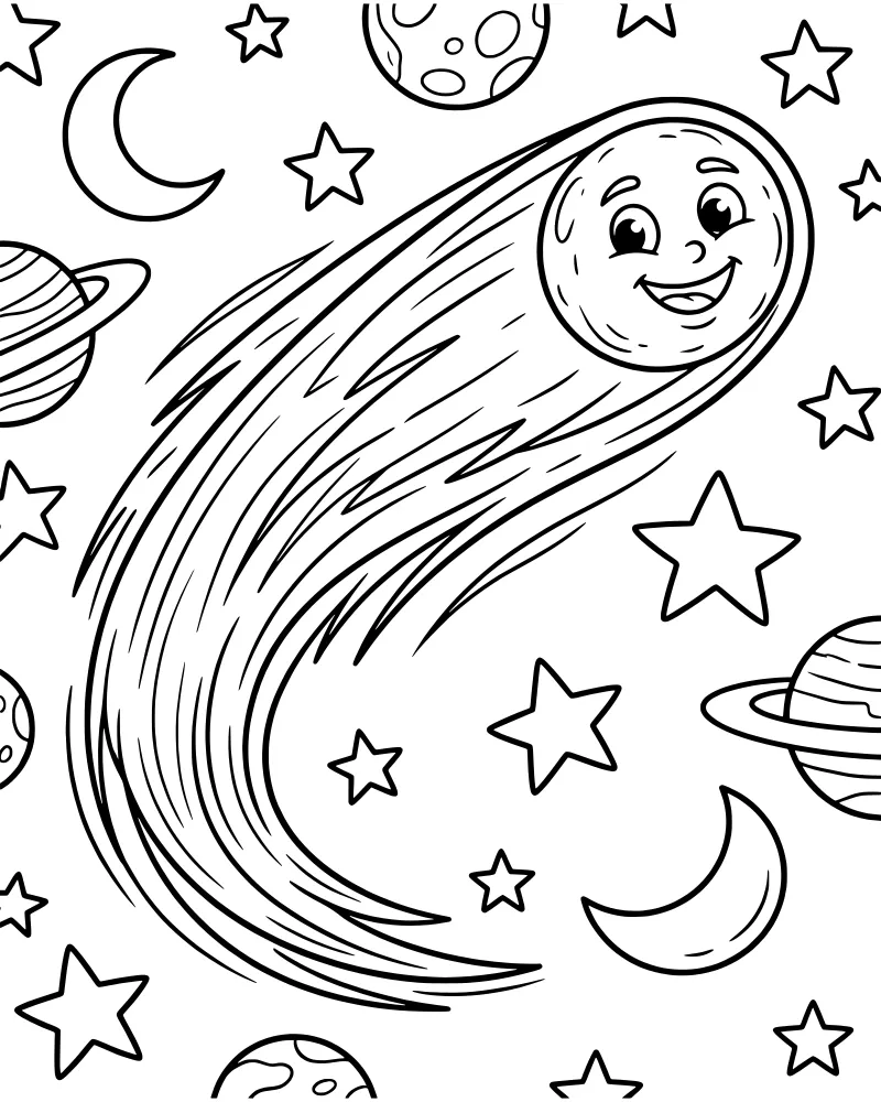 A cartoon comet with a smiling face and long tail flies past a ringed planet, a cratered planet, and a crescent moon surrounded by stars.