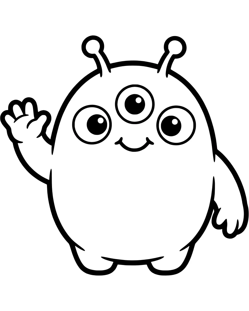 A friendly cartoon alien with three eyes and two antennae waving its hand