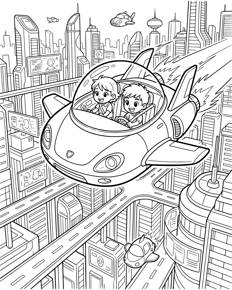 A cartoon illustration of two children riding in a futuristic flying car over a city with tall buildings and elevated roads.