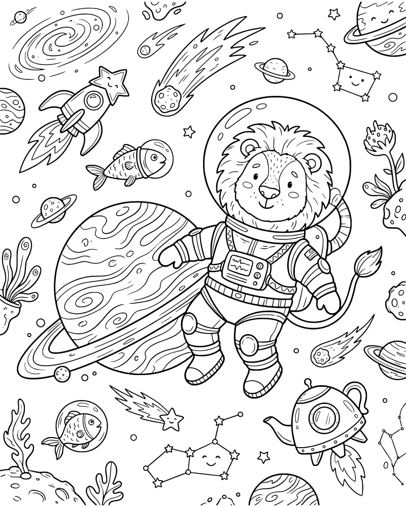 A cartoon lion wearing a spacesuit and helmet floats in space near a ringed planet, a rocket ship, and a teapot-shaped spacecraft.