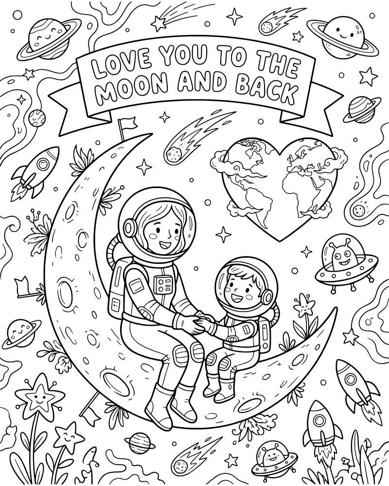 An adult and child astronaut sit on a crescent moon holding hands with a banner saying Love You To The Moon And Back in a whimsical space scene.