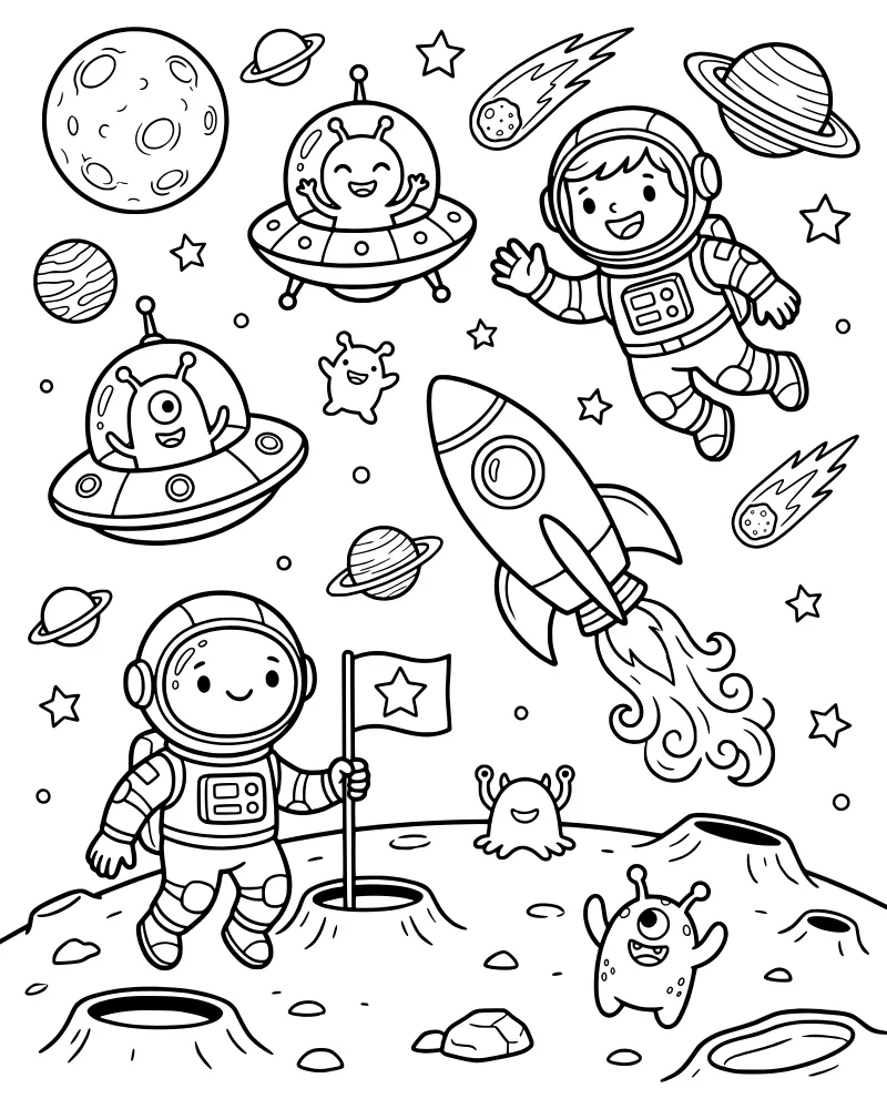 A cartoon scene of astronauts on the moon near a launching rocket and a UFO with an alien.