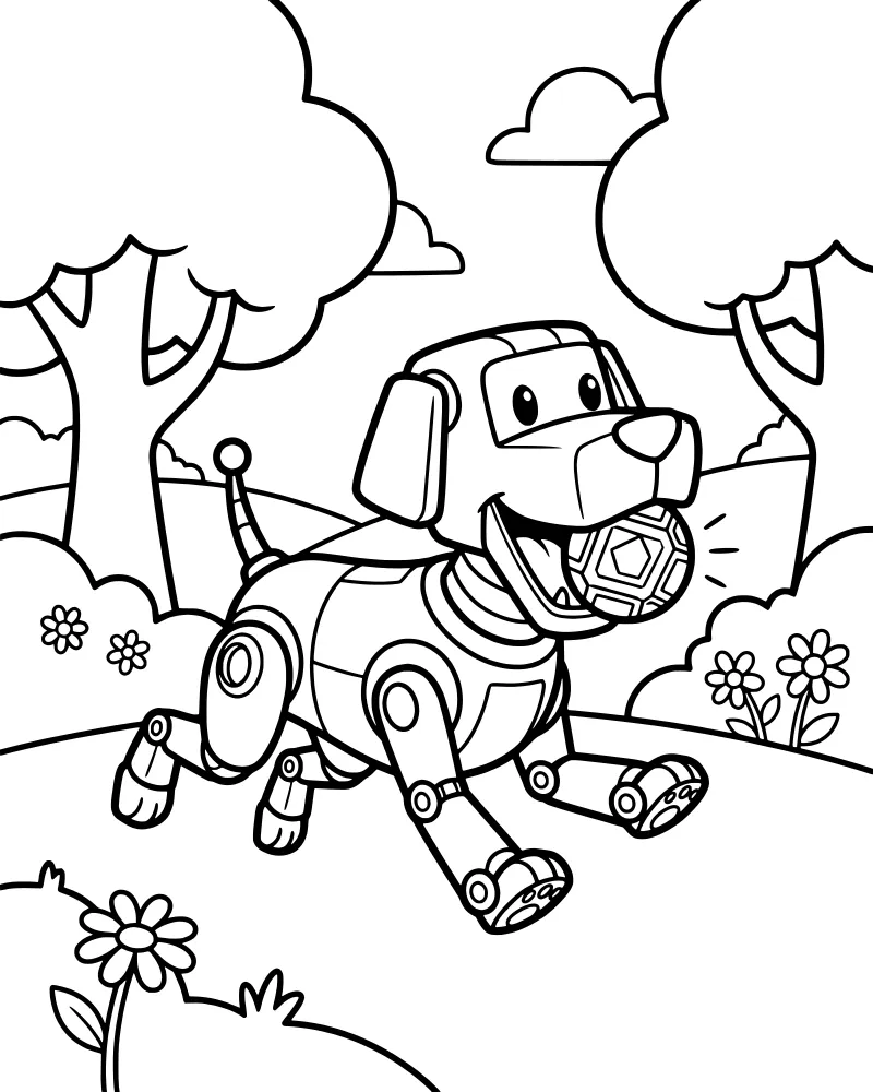 A cartoon robot dog standing in a park near a ball with trees, flowers, and clouds in the background.