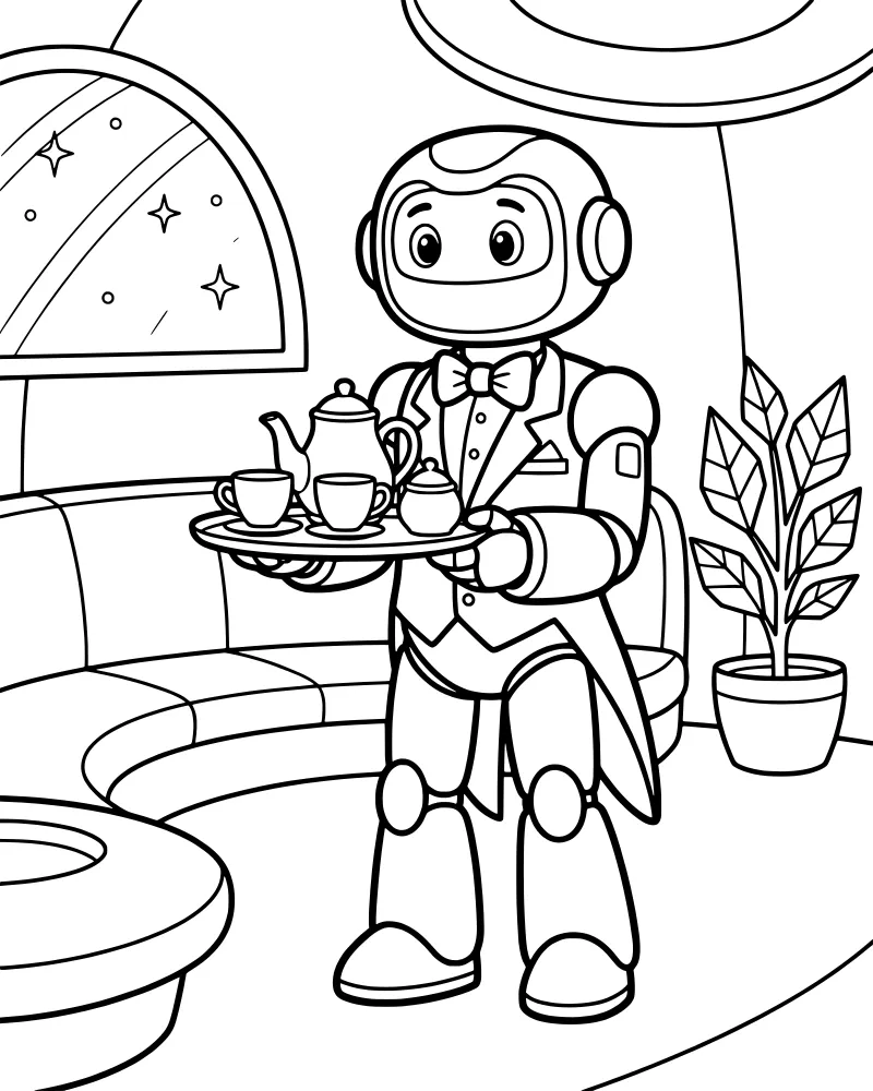 A cartoon robot butler carrying a tea tray with a teapot and cups in a space lounge with a window viewing planets.
