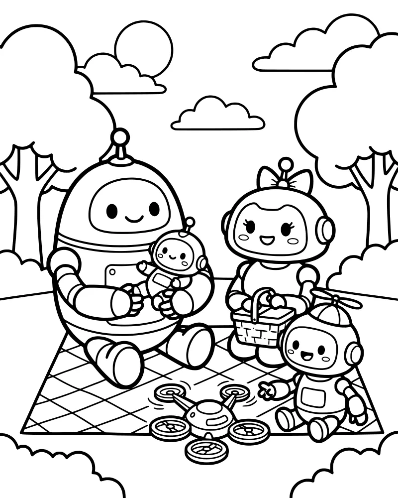 A family of four cartoon robots sitting on a picnic blanket in a sunny park with a drone flying above.