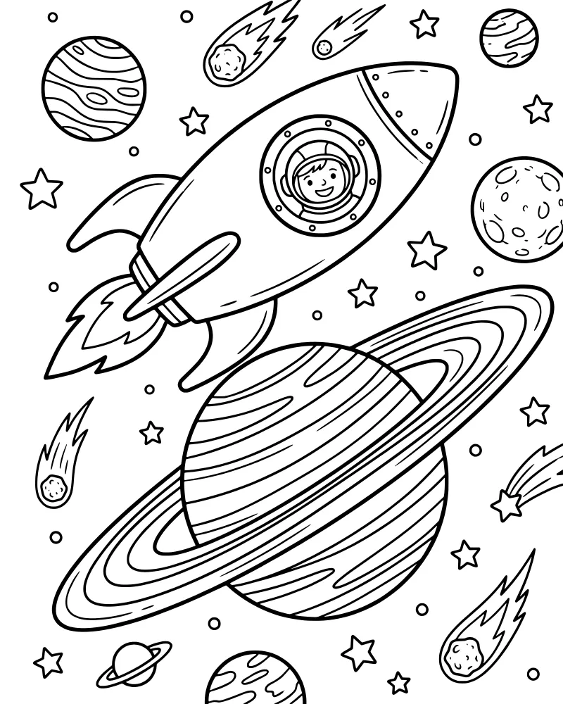 Cartoon rocket ship with an astronaut inside flying past a ringed planet, a striped planet, and a comet in a starry sky.