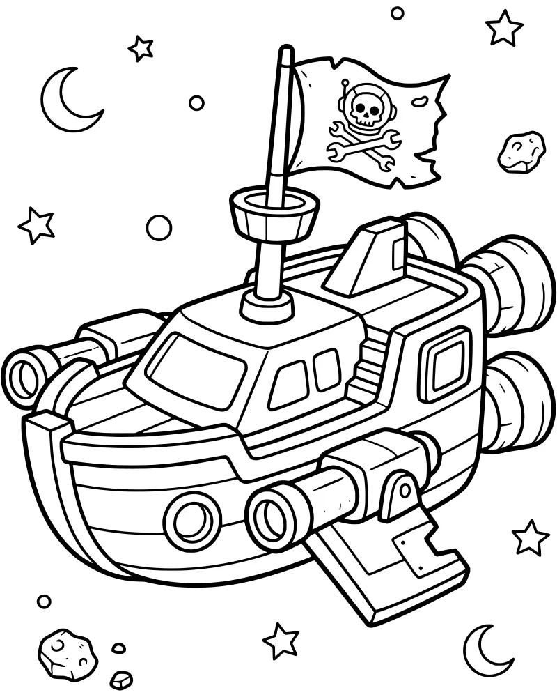 A cartoon spaceship with a pirate flag flying through space with stars, moons, and asteroids.