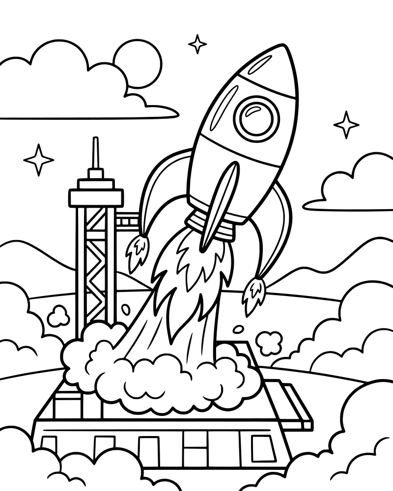 A cartoon rocket launching from a pad with smoke clouds, a crescent moon, stars, and mountains in the background.