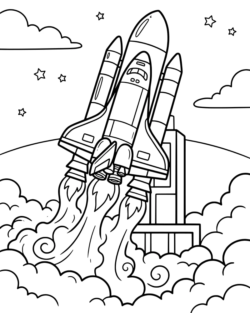 A cartoon space shuttle blasting off from a launchpad with large clouds of smoke and flames against a starry sky.
