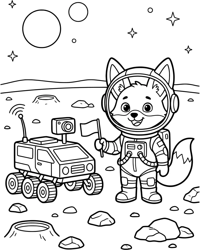 A cartoon fox in a spacesuit standing on the moon next to a rover with planets and stars in the background.