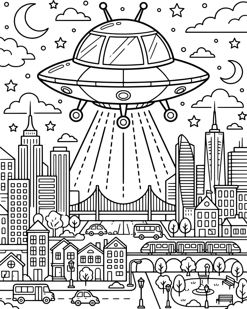 Cartoon flying saucer hovering over a city skyline at night with skyscrapers, a bridge with cars, and a park under a starry sky.