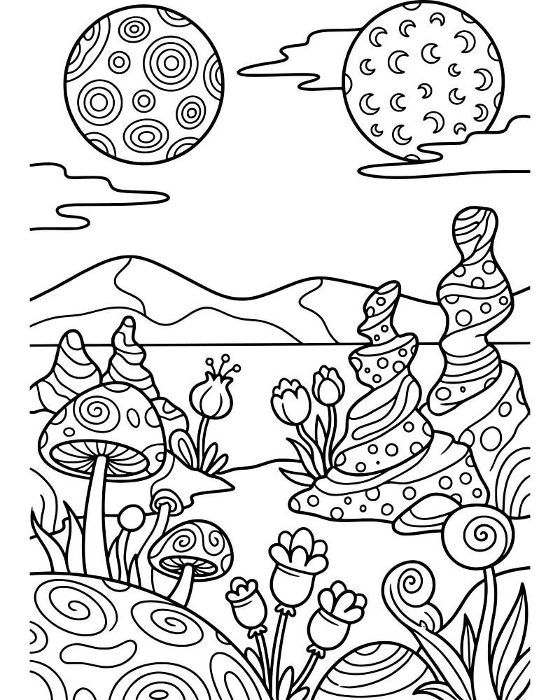 Cartoon alien landscape with two decorated moons in a cloudy sky above hills with mushrooms and swirling rocks.