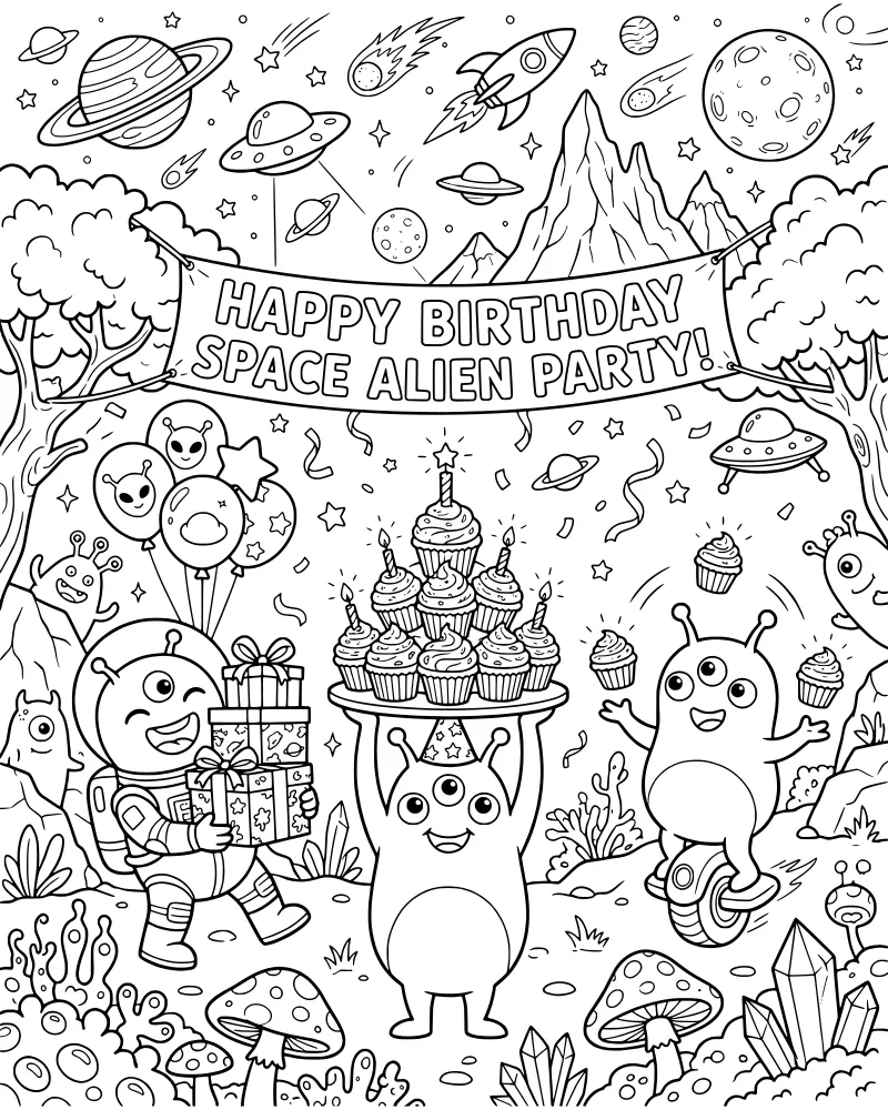 A cartoon scene of aliens celebrating a birthday in space with gifts, cupcakes, planets, and rockets.