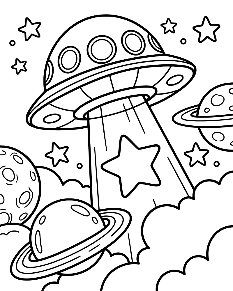 A cartoon flying saucer emitting a beam of light toward a star, surrounded by planets with rings and fluffy space clouds.