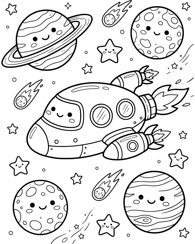 A cartoon rocket ship flying through space surrounded by a ringed planet, a cratered planet, a striped planet, and stars.