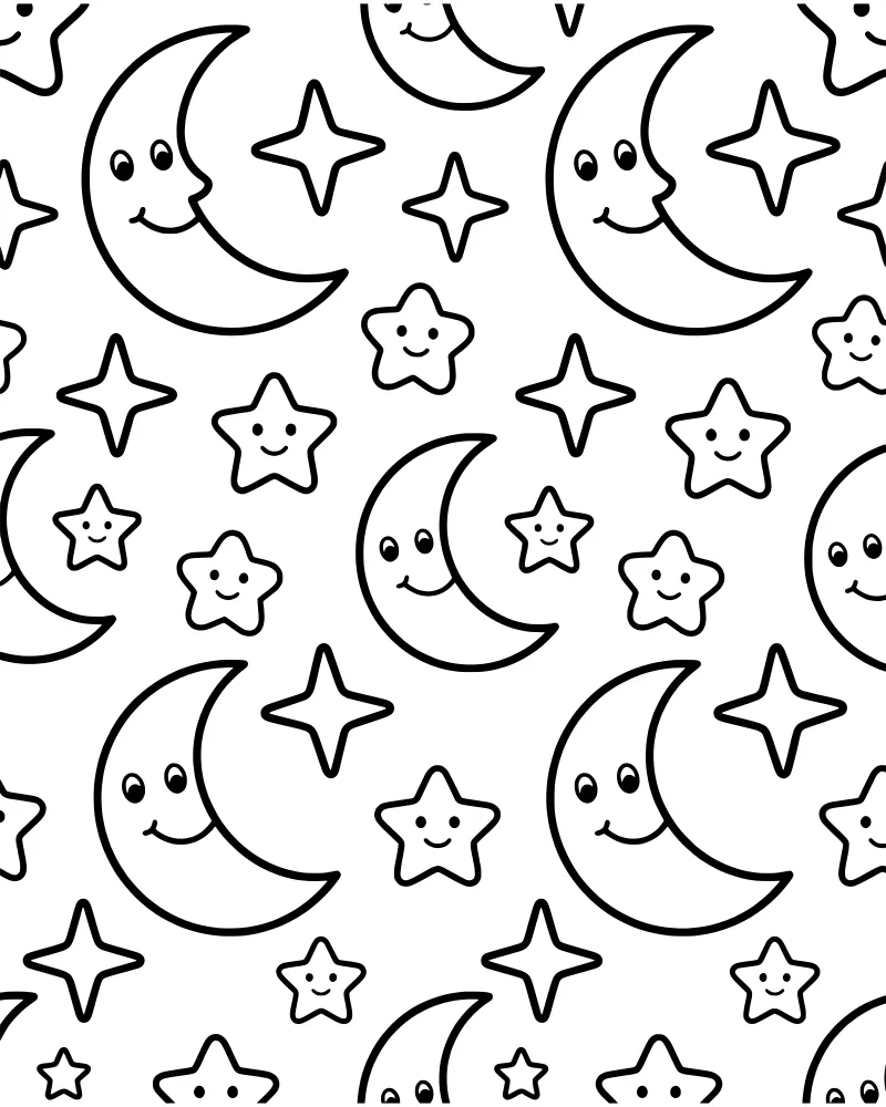 A whimsical cartoon drawing of several smiling crescent moons and stars with faces in a night sky filled with four-pointed stars.